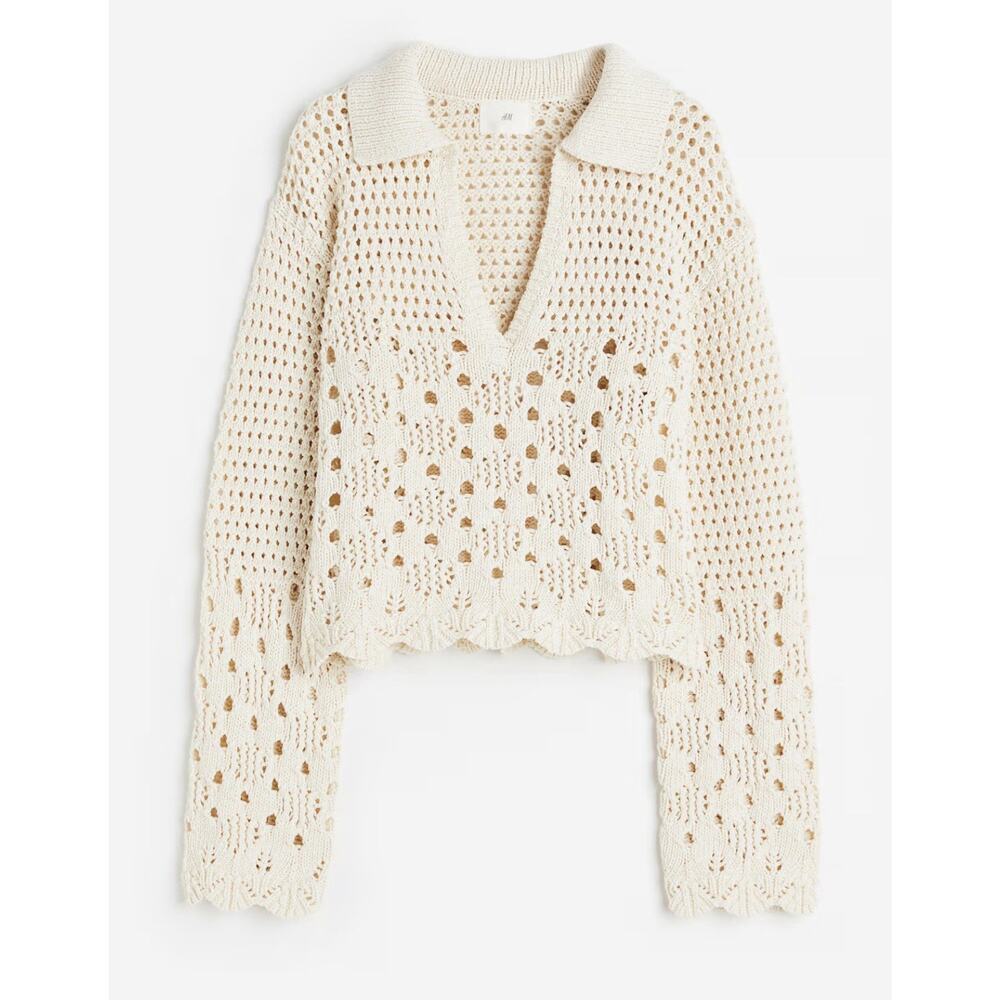 H&M Cream Open-Knit Collared Cropped Sweater